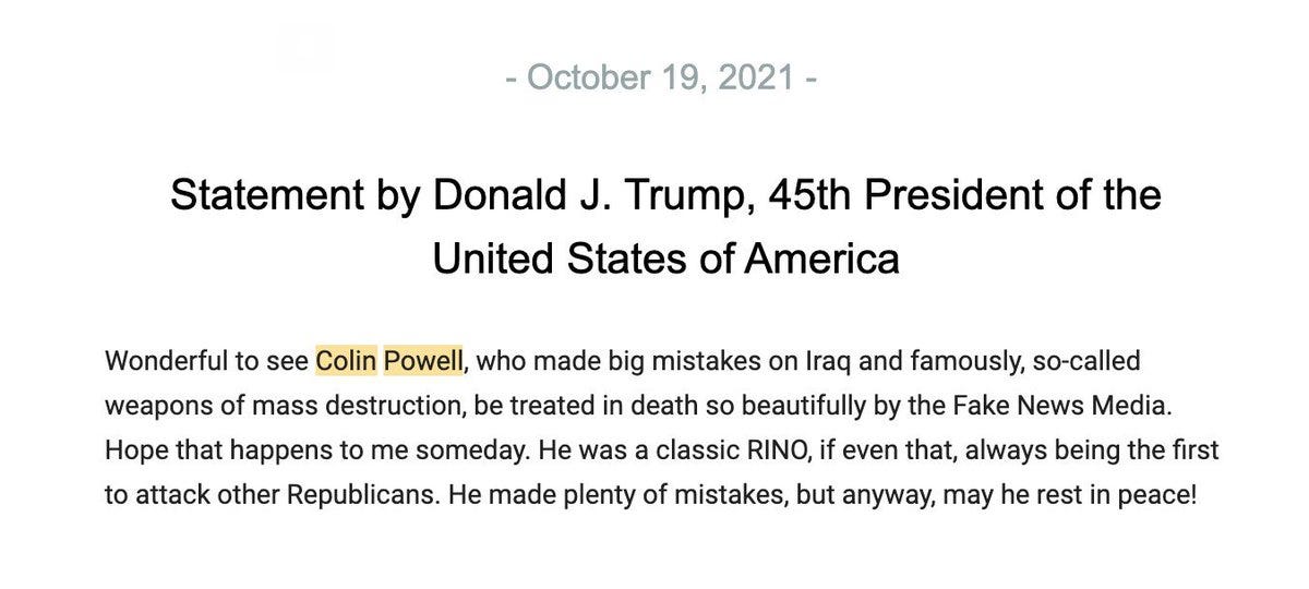 Did Donald Trump Issue a Statement Calling the Late Colin Powell a ‘RINO’?