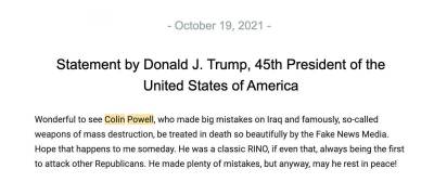 Did Donald Trump Issue a Statement Calling the Late Colin Powell a ‘RINO’?
