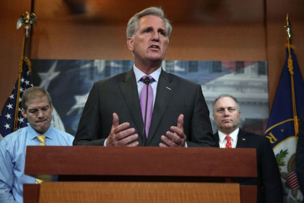 House Minority Leader Rep. Kevin McCarthy (R-CA) speaks as Rep. Jim Jordan (R-OH), and House Minorit...