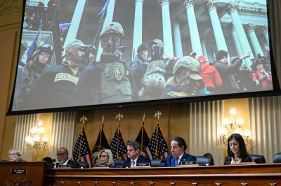 The January 6th Committee reviews footage from past hearings as it meets for its final session.
(Pho...