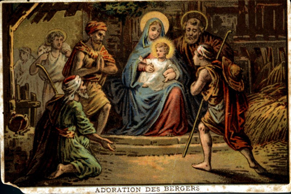 Colored lithograph, Nativity, The Adoration of the Shepherds, Late 19th, France, Private collection.