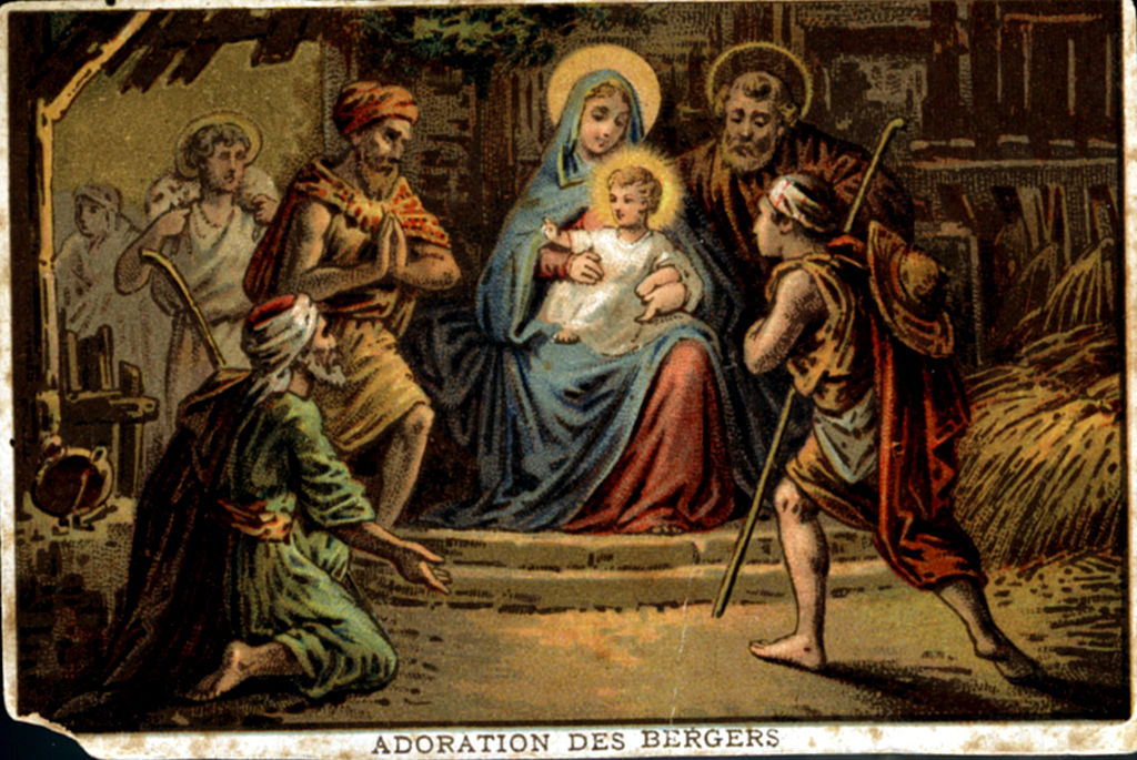 Colored lithograph, Nativity, The Adoration of the Shepherds, Late 19th, France, Private collection.