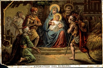 Colored lithograph, Nativity, The Adoration of the Shepherds, Late 19th, France, Private collection.