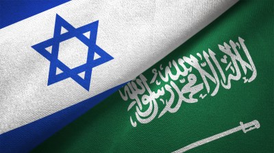 Saudi Arabia and Israel two flags together textile cloth fabric texture