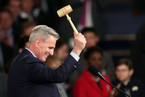 WASHINGTON, DC - JANUARY 07: Kevin McCarthy (R-CA) celebrates with the gavel after being elected as ...