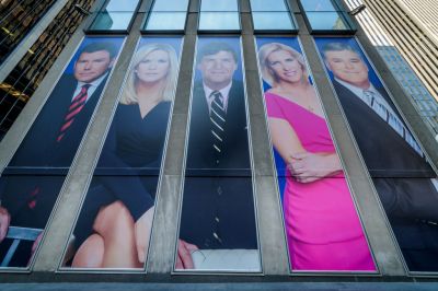 Giant portraits of the news achors at Fox News  hearquarters