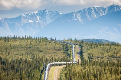 Trans-Alaska Pipeline (Alyeska pipleline) running through landscape with Mountain range in the distance in Alaska.