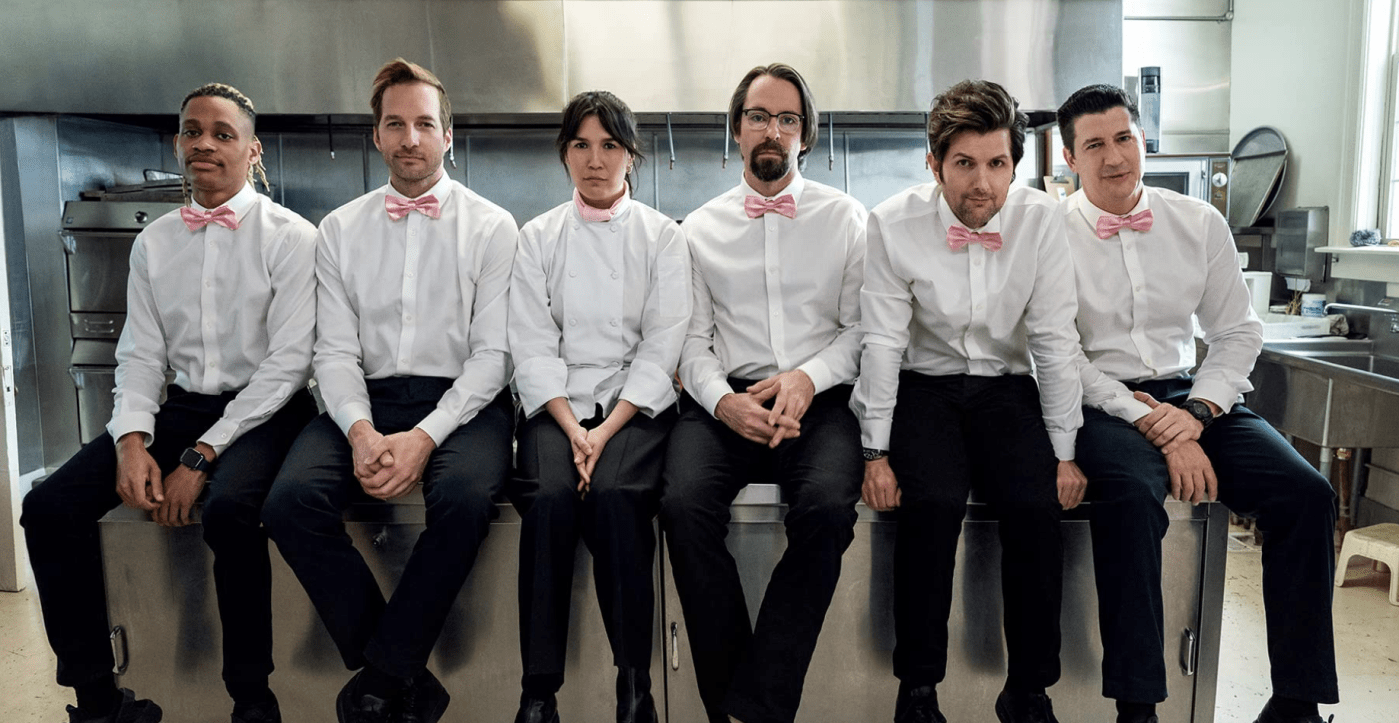 (Tyrel Jackson Williams, Ryan Hansen, Zoë Chao, Martin Starr, Adam Scott, and Ken Marino in 'Party ...