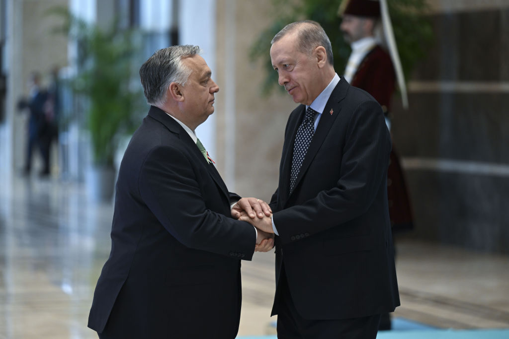 Turkish President Recep Tayyip Erdoğan (R) meets with Hungarian Prime Minister Viktor Orbán (L)  in March. (Photo by Emin Sansar/Anadolu Agency via Getty Images)