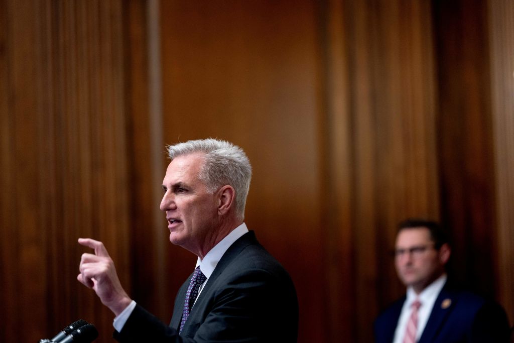 House Speaker Kevin McCarthy speaks following the House vote on Fiscal Responsibility Act. (Photo by Stefani Reynolds / AFP) (Photo by STEFANI REYNOLDS/AFP via Getty Images)