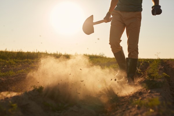Tough Worker Walking in Field with Clouds of Dust
