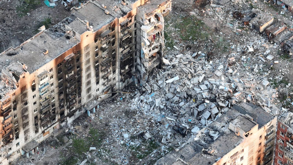 An aerial view of Bakhmut, Ukraine after hostilities. (Photo by Yan Dobronosov/Global Images Ukraine via Getty Images)