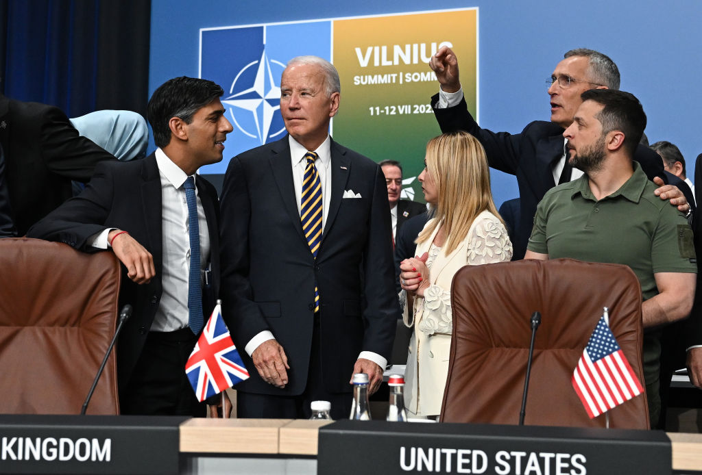 British Prime Minister Rishi Sunak, U.S. President Joe Biden, Italian Prime Minister Giorgia Meloni, NATO Secretary-General Jens Stoltenberg, and Ukrainian President Volodymyr Zelensky during the NATO Summit on July 12, 2023. (Photo by Paul Ellis - Pool/Getty Images)