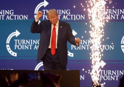 Former President Trump Addresses The Turning Points Action Conference In West Palm Beach, California