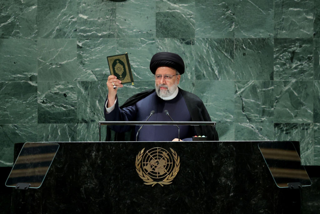 Iranian President Ebrahim Raisi delivers his remarks during the 78th session of the United Nations General Assembly  in New York on September 20, 2023. (Photo by Iranian Presidency / Handout/Anadolu Agency via Getty Images)