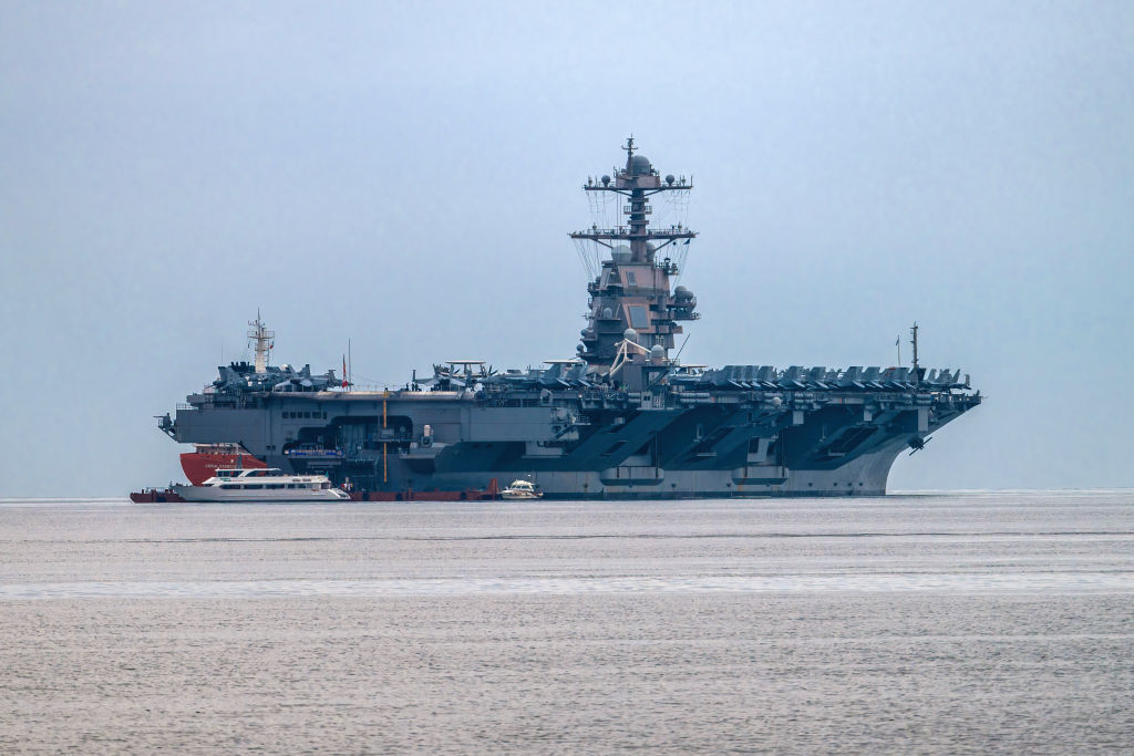 US Navy aircraft carrier USS Gerald R. Ford anchored at the