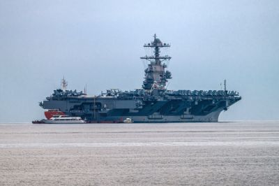 US Navy aircraft carrier USS Gerald R. Ford anchored at the