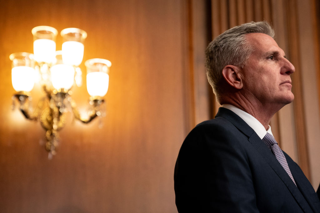 House Speaker Kevin McCarthy (R-CA) speaks with members of the media following passage in the House of a 45-day continuing resolution on September 30, 2023. (Photo by Nathan Howard/Getty Images)