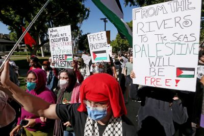 Cal State Long Beach students hold a campus rally in support of Palestinians caught up in the conflict that continued to rage unabated between Arabs and Jews in the Middle East