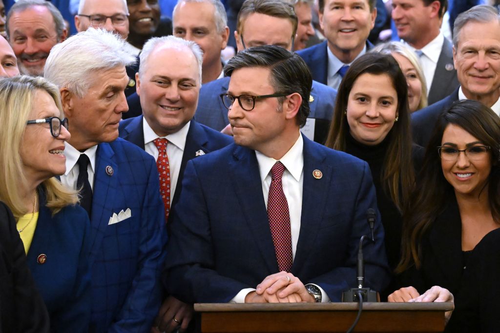 Mike Johnson looks toward colleagues after being nominated Republican speaker of the House of Representatives on October 24, 2023.(Photo by Saul Loeb/AFP via Getty Images)