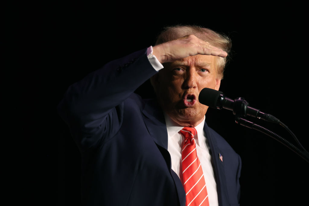 Donald Trump speaks to guests during a campaign event at the Orpheum Theater on October 29, 2023, in Sioux City, Iowa. (Photo by Scott Olson/Getty Images)