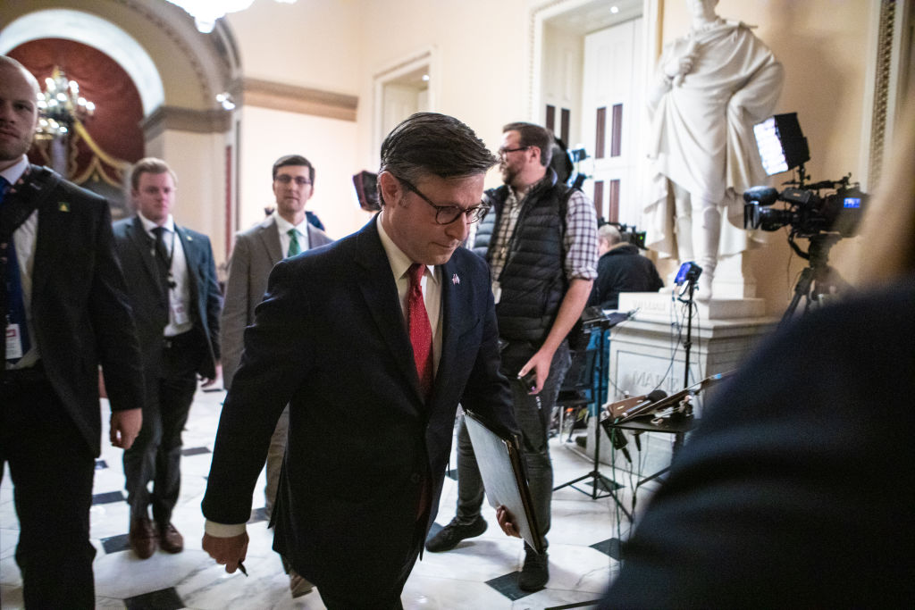 Speaker Mike Johnson walks towards the House chamber at the U.S. Capitol on November 14, 2023 in Washington, D.C. (Photo by Anna Rose Layden/Getty Images)