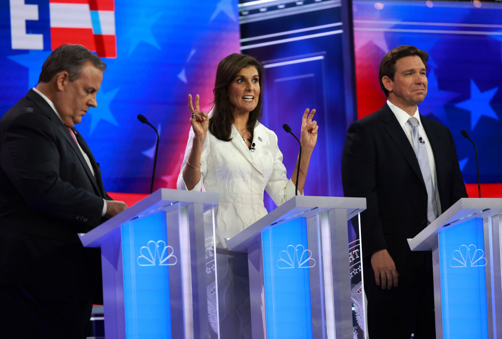 Former U.N. Ambassador Nikki Haley speaks alongside Florida Gov. Ron DeSantis and former New Jersey Gov. Chris Christie during the NBC News primary debate on November 8, 2023, in Miami, Florida. (Photo by Joe Raedle/Getty Images)