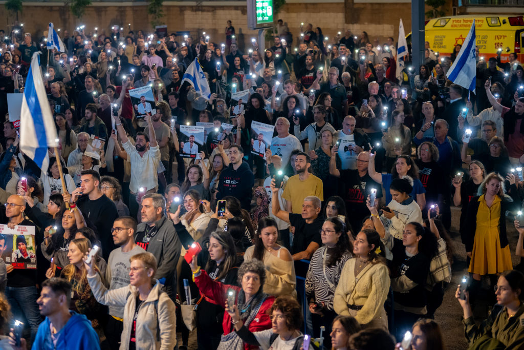 Thousands of Israelis gather outside The Museum of Modern Art on November 25, 2023, in Tel Aviv, Israel. (Photo by Alexi J. Rosenfeld/Getty Images)