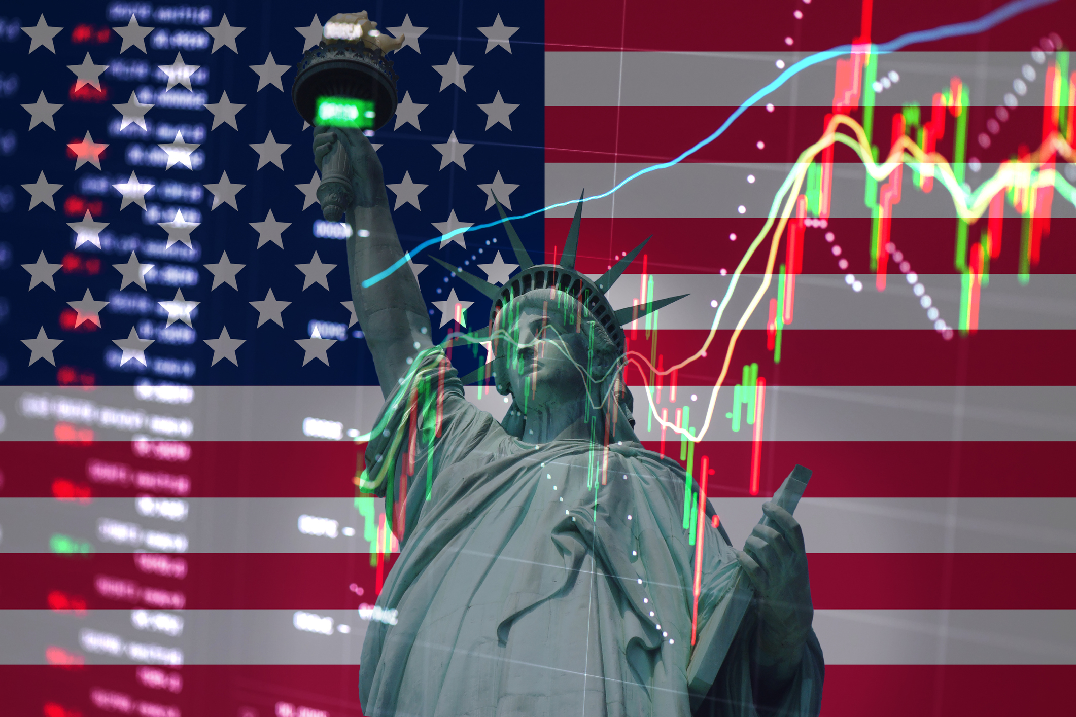 Statue of Liberty on the background of stock charts. Financial system in USA