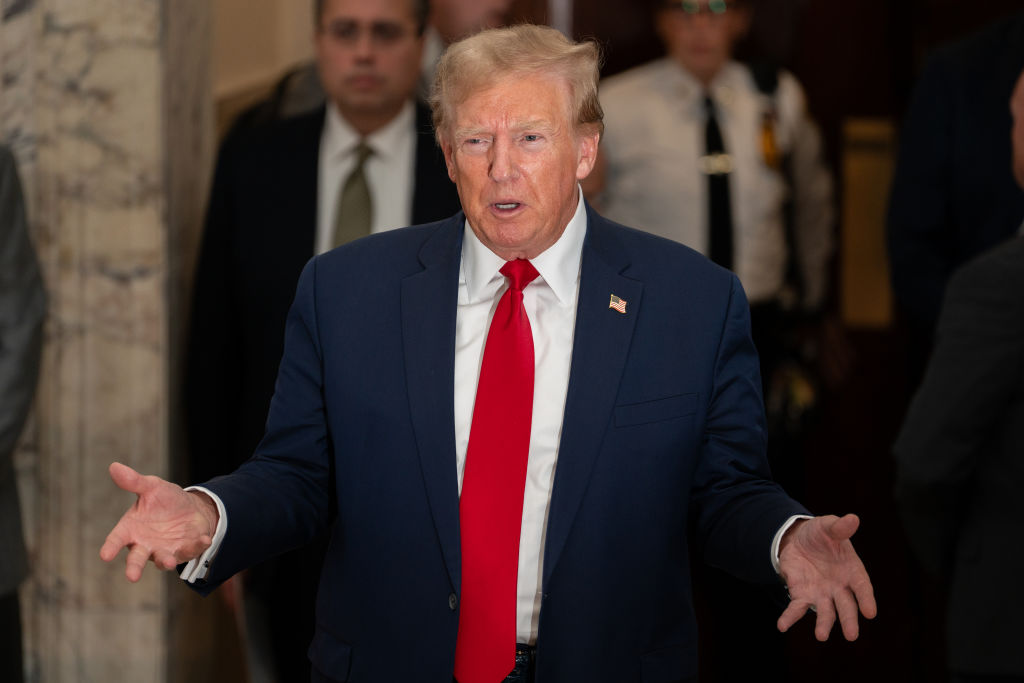 Former President Donald Trump speaks to the media during a break in his trial in New York State Supreme Court on December 7, 2023, in New York City. (Photo by David Dee Delgado/Getty Images)