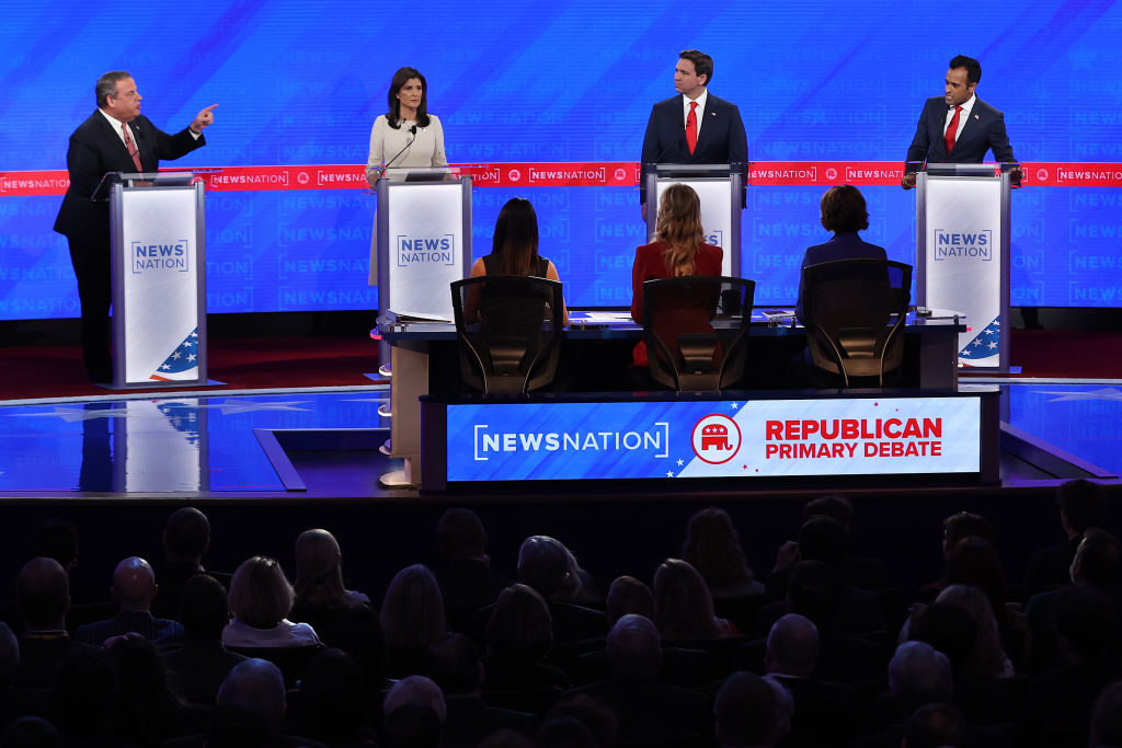 Former New Jersey Gov. Chris Christie, former U.N. Ambassador Nikki Haley, Florida Gov. Ron DeSantis, and Vivek Ramaswamy participate in the NewsNation Republican Presidential Primary Debate at the University of Alabama Moody Music Hall on December 6, 2023 in Tuscaloosa, Alabama. (Photo by Justin Sullivan/Getty Images)