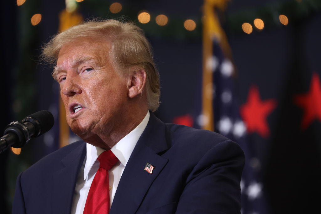 Former U.S. President Donald Trump speaks to guests at a campaign event on December 19, 2023 in Waterloo, Iowa.  (Photo by Scott Olson/Getty Images)