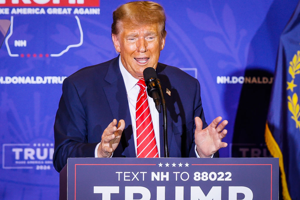 Former President Trump delivers remarks in Concord, New Hampshire. (Photo by Erin Clark/The Boston Globe via Getty Images)