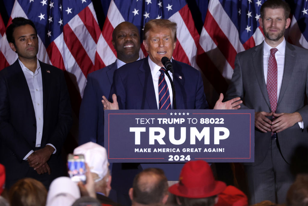 Donald Trump delivers remarks alongside supporters, campaign staff, and family members during his primary night rally at the Sheraton in Nashua, New Hampshire, on January 23, 2024. (Photo by Alex Wong/Getty Images)