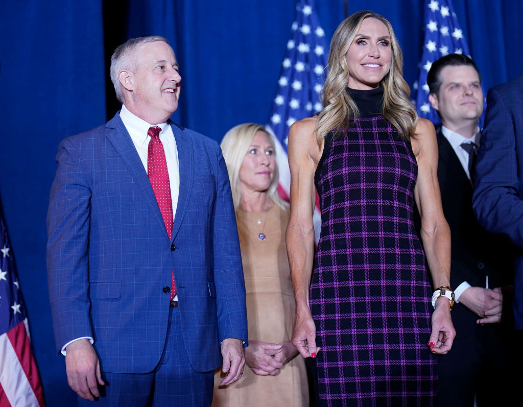 Michael Whatley and Lara Trump listen as former President Donald Trump speaks during a South Carolina Republican primary night watch party in Columbia, South Carolina, on February 24, 2024. (Photo by Jabin Botsford/The Washington Post via Getty Images)