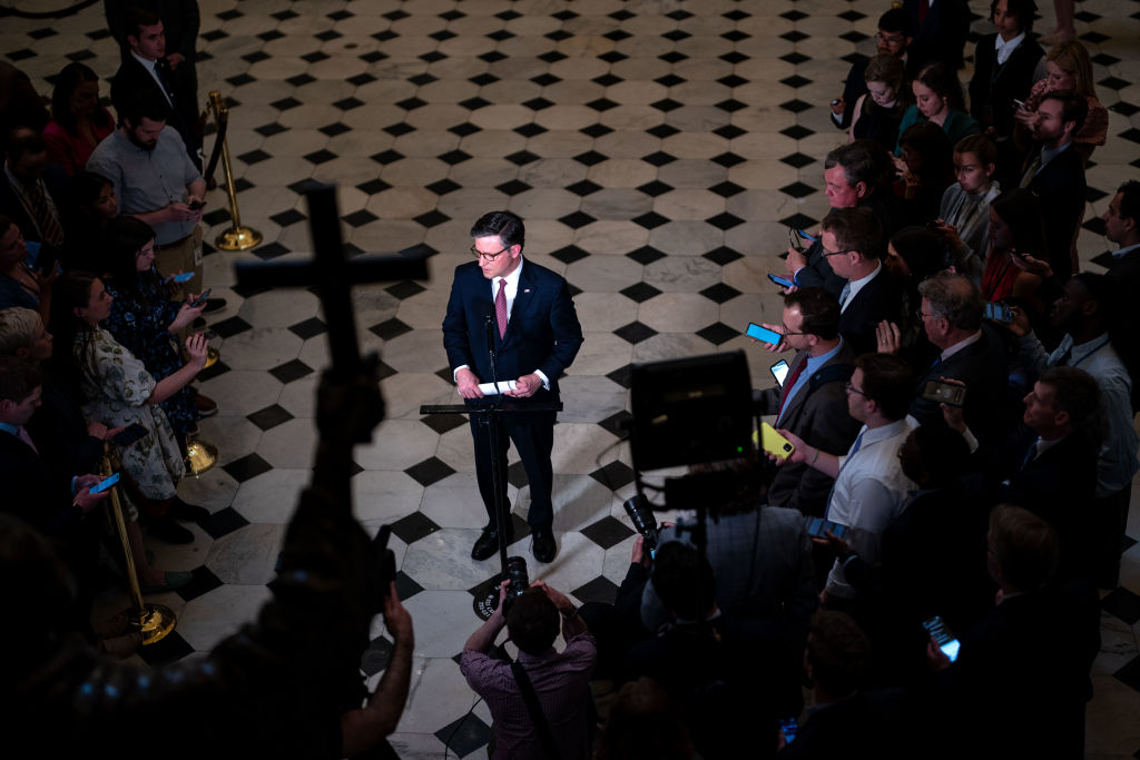 House Speaker Mike Johnson speaks during a news conference at the U.S. Capitol on April 17, 2024. (Photo by Kent Nishimura/Getty Images)