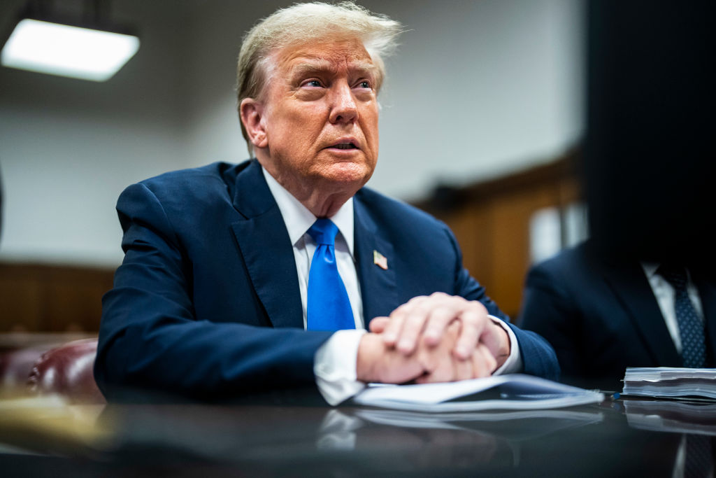 Former President Donald Trump arrives for his criminal trial as jury selection continues at Manhattan Criminal Court in New York City on April 18, 2024. (Photo by Jabin Botsford/Getty Images)