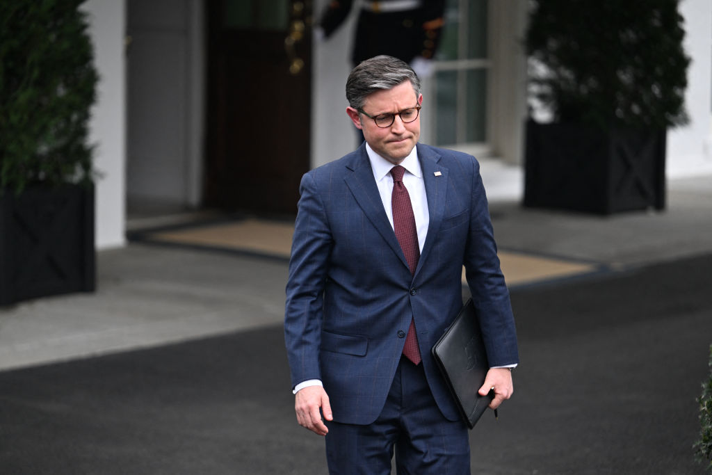 House Speaker Mike Johnson exits the West Wing on his way to speak to reporters after a meeting with President Joe Biden and congressional leadership at the White House on February 27, 2024. (Photo by JIM WATSON/AFP via Getty Images)