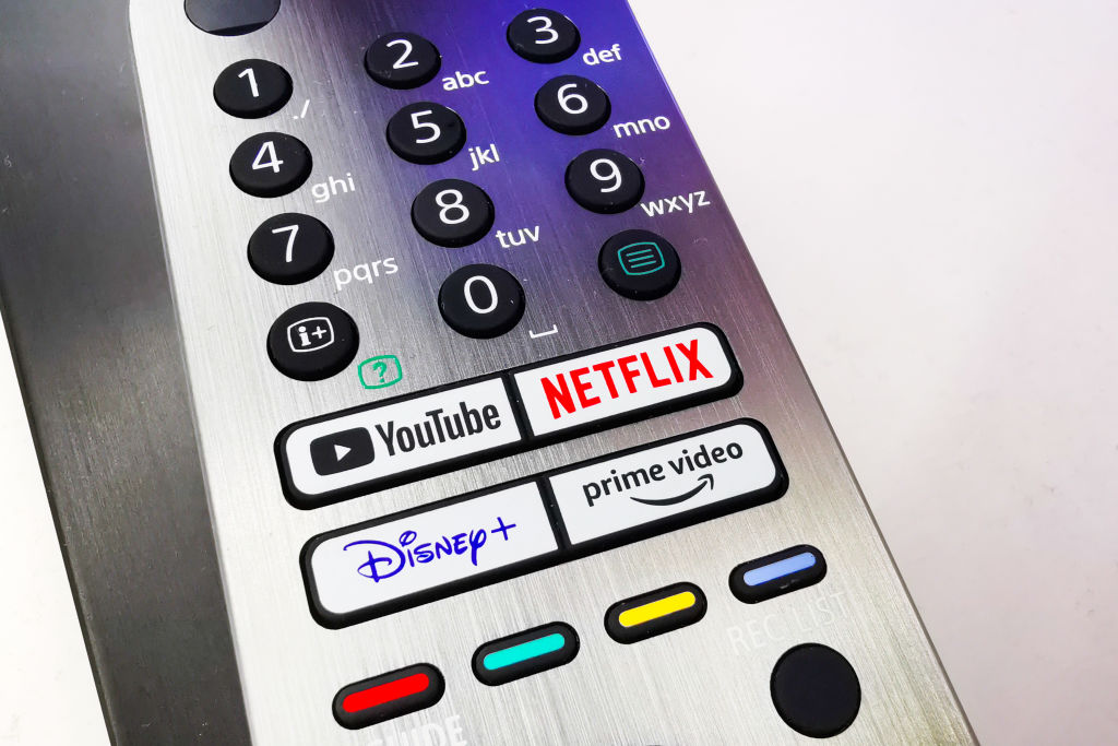 A TV remote control with streaming platform buttons at a store in Krakow, Poland, on January 11, 2023. (Photo by Beata Zawrzel/NurPhoto via Getty Images)