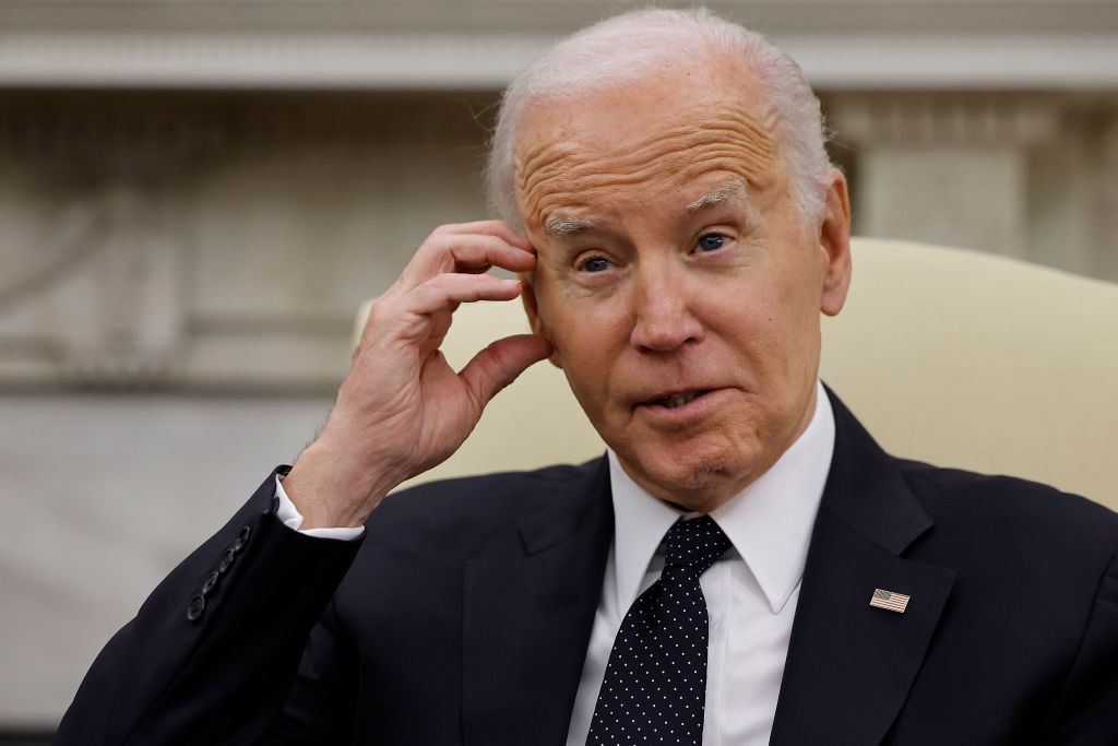 President Joe Biden speaks to reporters in the Oval Office at the White House on May 7, 2024, in Washington, D.C. (Photo by Chip Somodevilla/Getty Images)