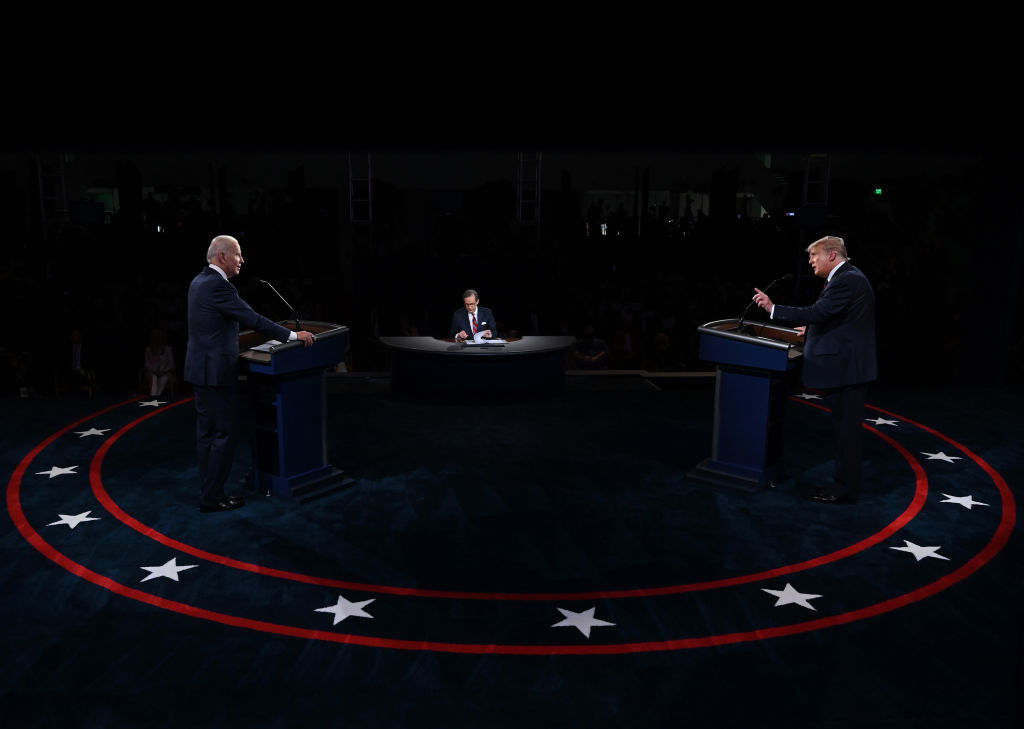 Then-President Donald Trump and former Vice President Joe Biden participate in the first presidential debate at the Health Education Campus of Case Western Reserve University in Cleveland, Ohio, on September 29, 2020. (Photo by Olivier Douliery-Pool/Getty Images)