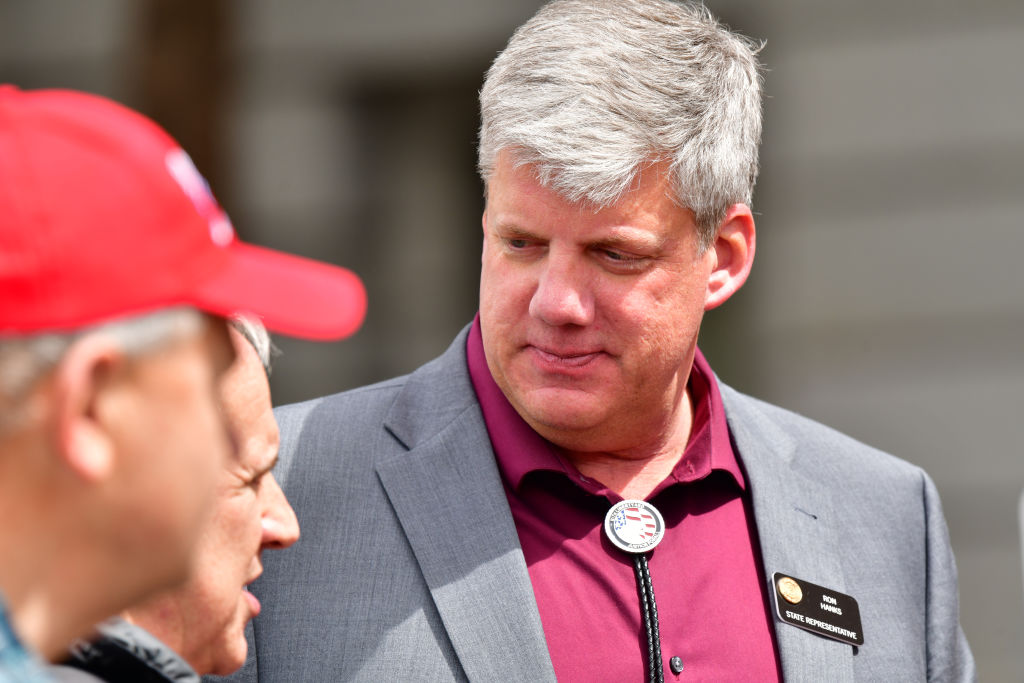 Former state Rep. Ron Hanks at the Colorado State Capitol building in Denver during a rally on April 5, 2022. (Photo by Hyoung Chang/MediaNews Group/The Denver Post via Getty Images)