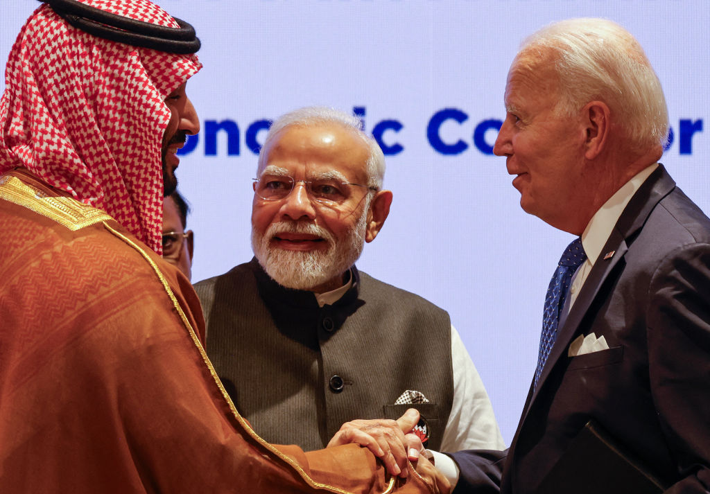 Saudi Arabia's Crown Prince Mohammed bin Salman, India's Prime Minister Narendra Modi, and U.S. President Joe Biden attend a session as part of the G20 Leaders' Summit at the Bharat Mandapam in New Delhi on September 9, 2023. (Photo by LUDOVIC MARIN/POOL/AFP via Getty Images)