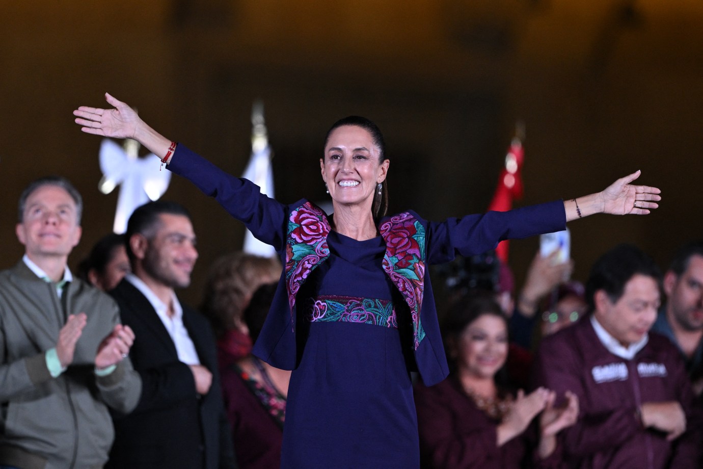 Claudia Sheinbaum celebrates following the results of the Mexican general election at Zocalo Square in Mexico City, on June 3, 2024. (Photo by CARL DE SOUZA / AFP) (Photo by CARL DE SOUZA/AFP via Getty Images)