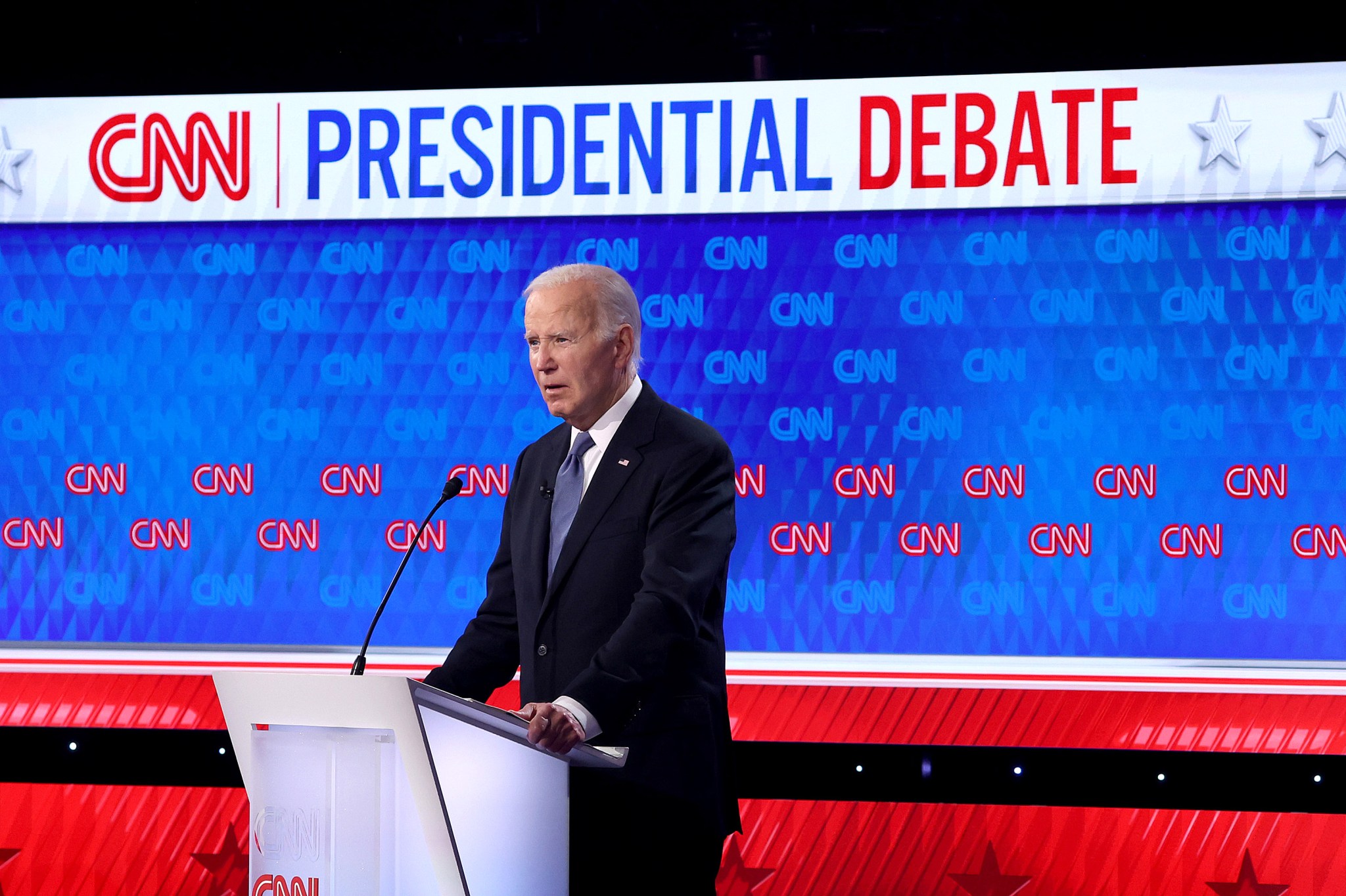 President Joe Biden delivers remarks during the CNN Presidential Debate at the CNN Studios in Atlanta, Georgia, on June 27, 2024. (Photo by Justin Sullivan/Getty Images)