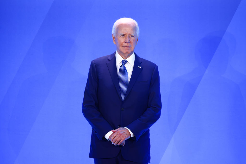 President Joe Biden attends a welcome ceremony during the 75th NATO Summit on July 10, 2024, at the Walter E. Washington Convention Center in Washington, D.C. (Photo by Beata Zawrzel/NurPhoto via Getty Images)