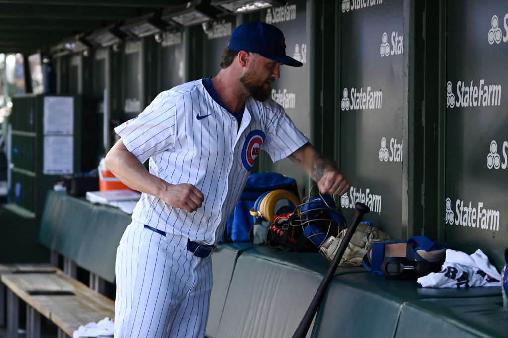 Colten Brewer of the Chicago Cubs punches the dugout wall at Wrigley Field after being relieved in the third inning of a game against the Los Angeles Angels on July 6, 2024. (Photo by Quinn Harris/Getty Images)