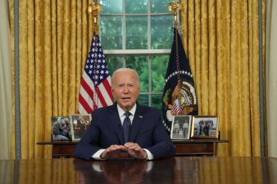 President Biden Addresses The Nation From The White House Oval Office