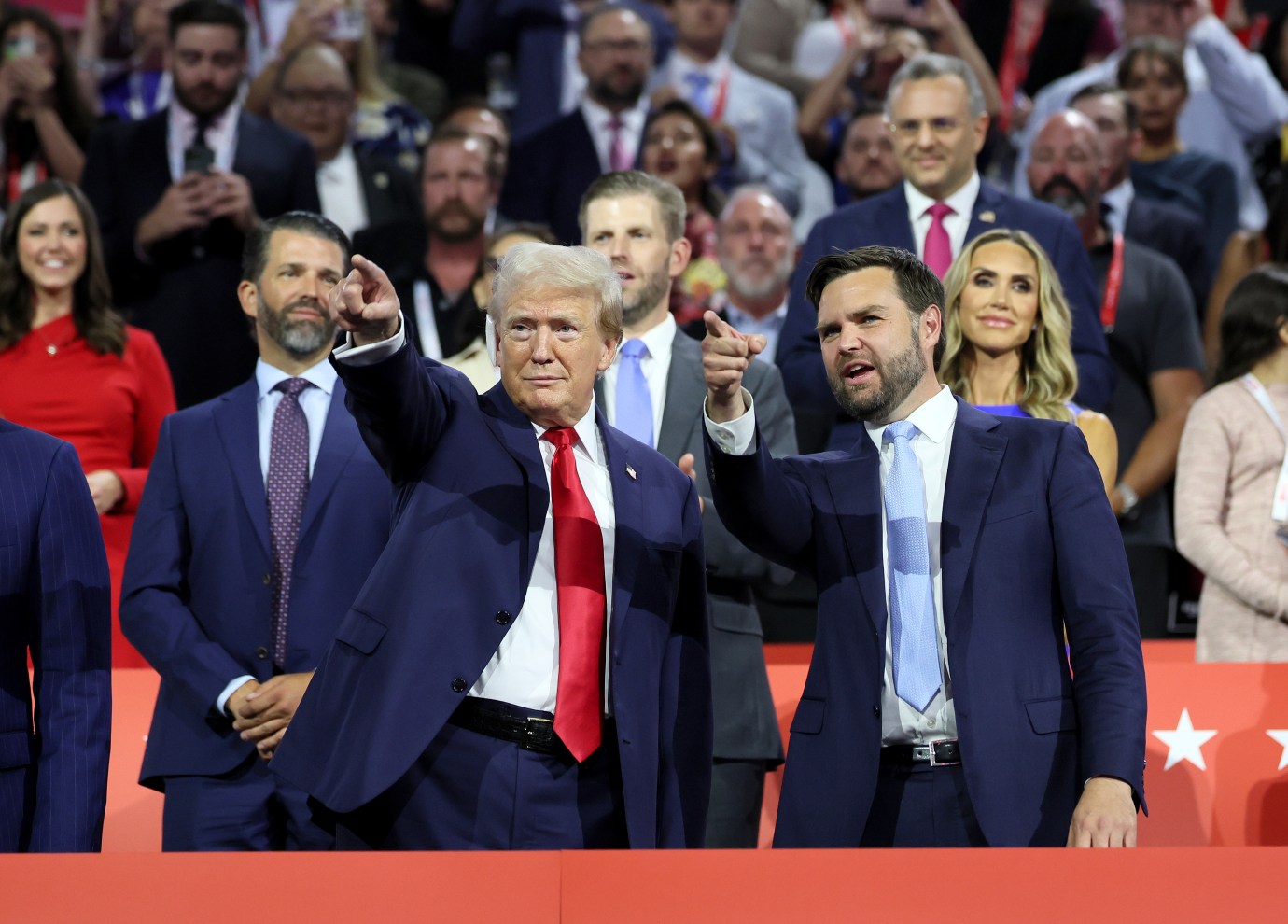 Former President Donald Trump and Sen. J.D. Vance during the first day of the 2024 Republican National Convention in Milwaukee, Wisconsin, on July 15, 2024. (Robert Gauthier / Los Angeles Times via Getty Images)