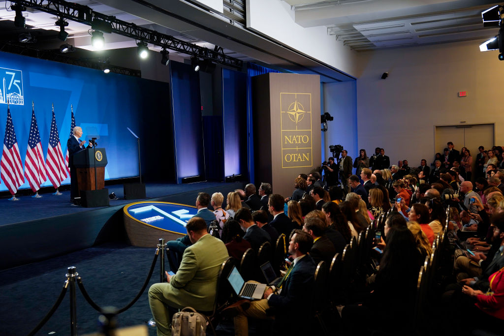 President Joe Biden holds a news conference at the 2024 NATO summit on July 11, 2024, in Washington, DC. (Photo by Kent Nishimura/Getty Images)